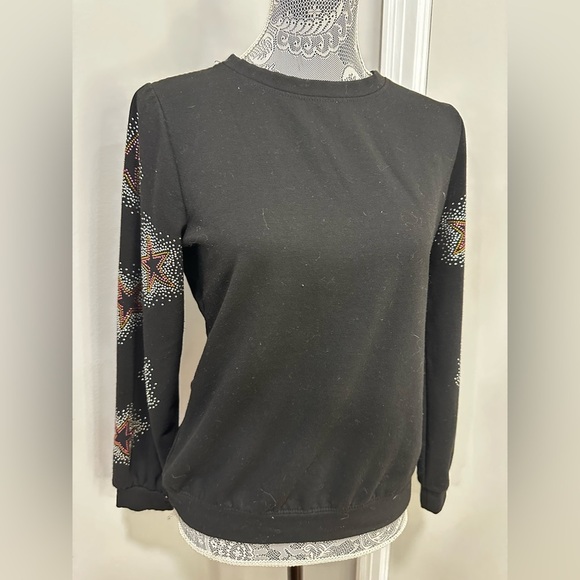 Women’s Remi Jones Black Crew Neck Pullover  Top. Sparkle Star Sleeves. Small. - Picture 1 of 13